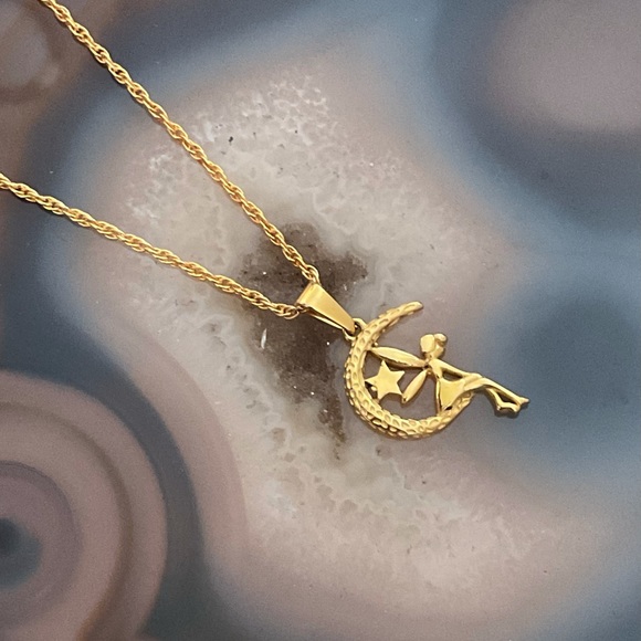 Gold fairy moon pendant necklace fantasy jewelry star tinker bell - Picture 4 of 8